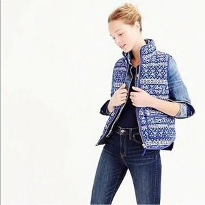 J Crew Excursion Blue White Fair Isle Down Puffer Vest Size XS